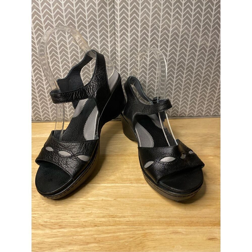 ✅Ariat 'Sandy'  Black Gray Leather Wedge Heels Sandals Slingback